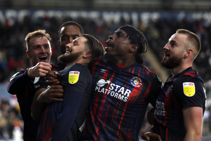 Luton Town celebrate scoring vs Swansea City, Championship